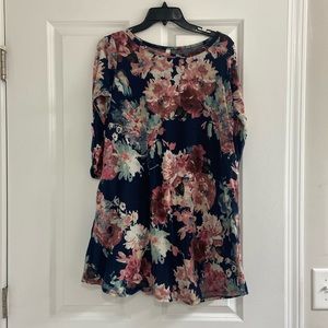 Pink and navy mid length floral dress with pockets